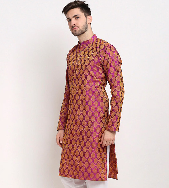 Men Pink Woven Design Kurtas