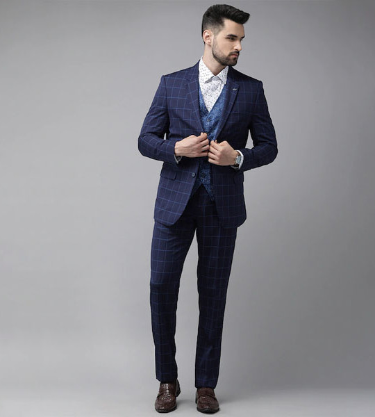 Men Navy Blue Checked Slim-Fit 4 Piece Formal Suit